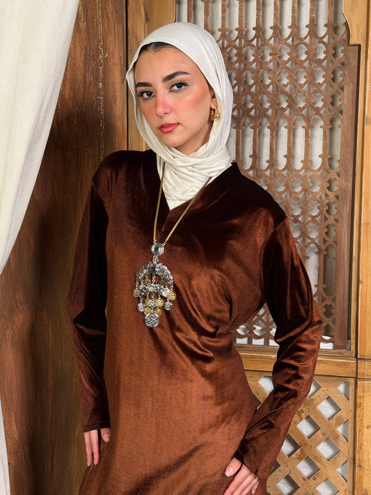 Lamsa - لَمْسَة Velvet Dress with adjustable belt"brown"