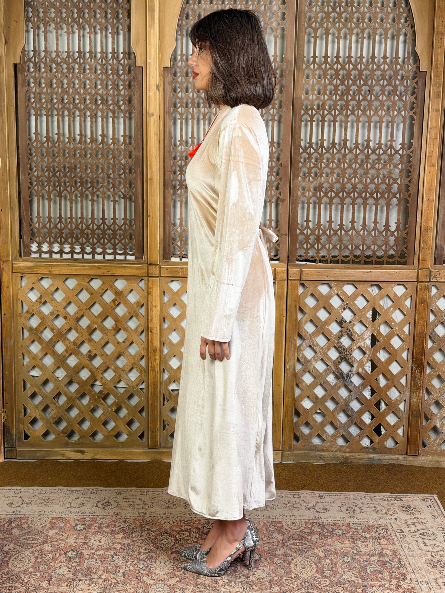 Lamsa - لَمْسَة Velvet Dress with adjustable belt"beige Gold”