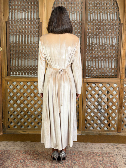 Lamsa - لَمْسَة Velvet Dress with adjustable belt"beige Gold”