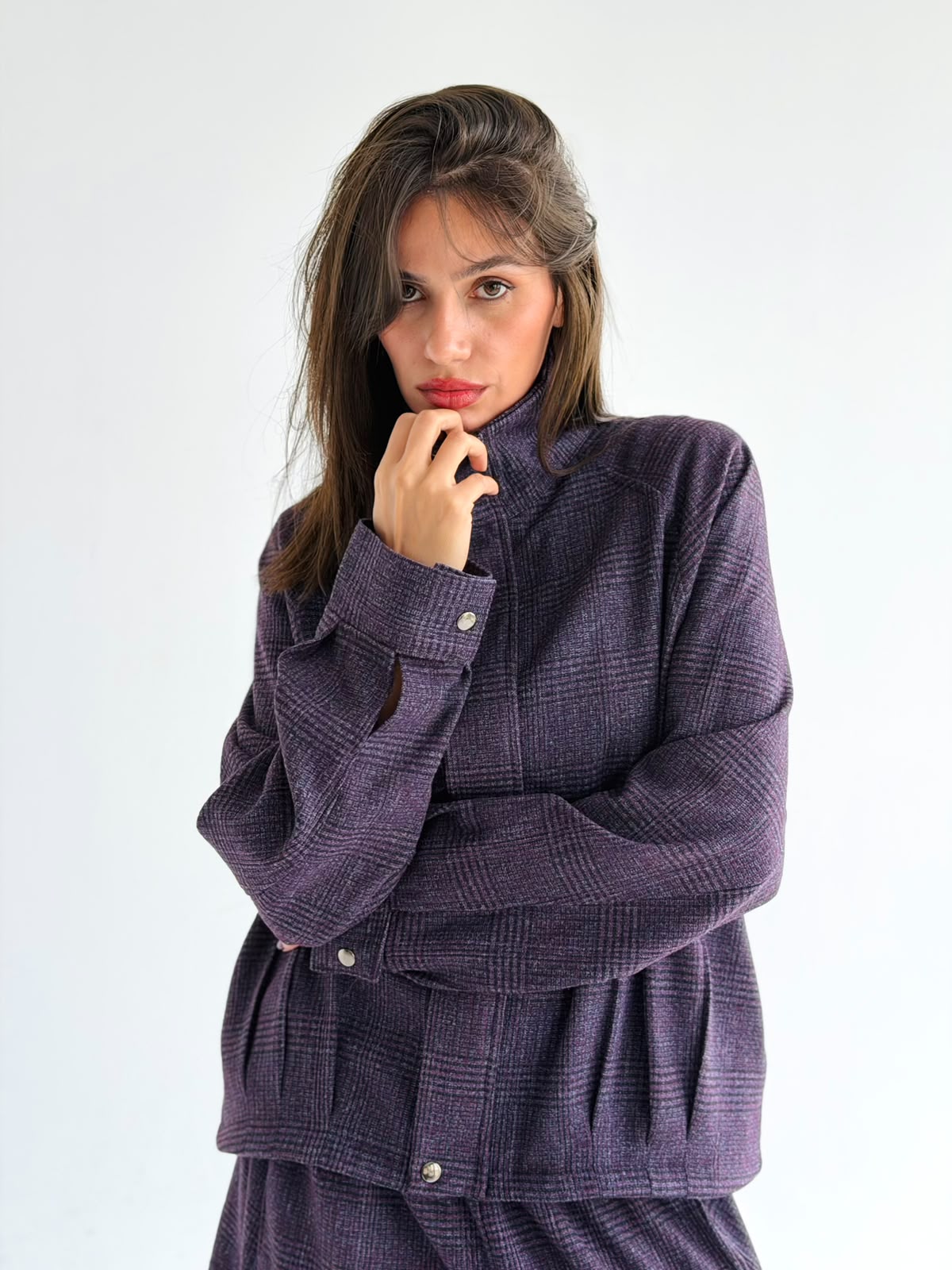 High collar check oversized jacket In Purple