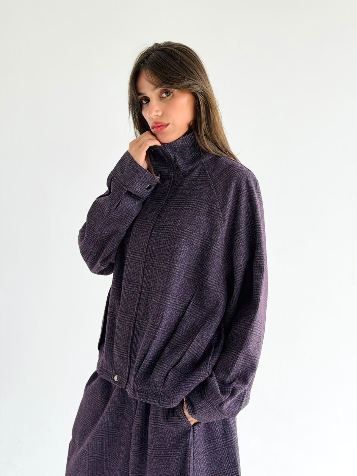 High collar check oversized jacket In Purple