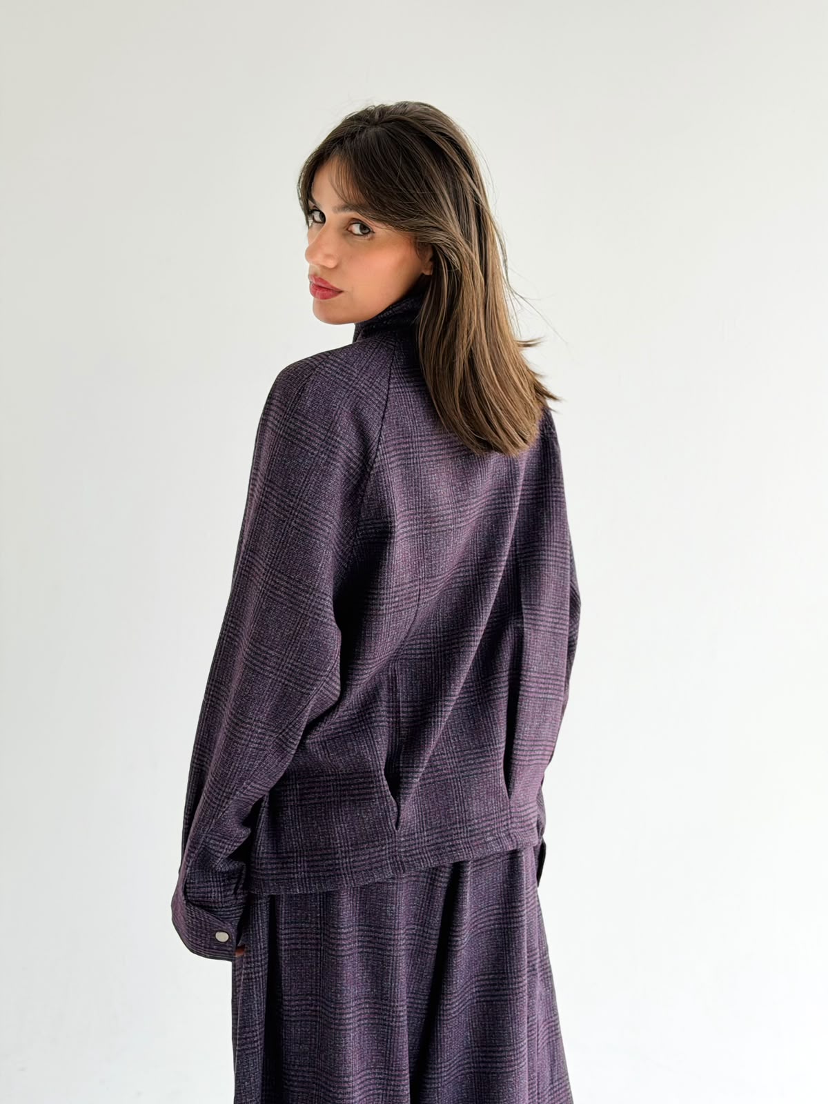 High collar check oversized jacket In Purple