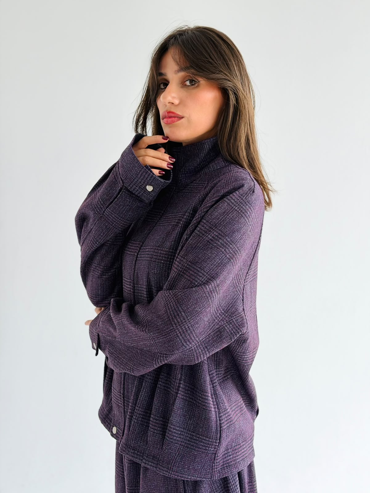 High collar check oversized jacket In Purple