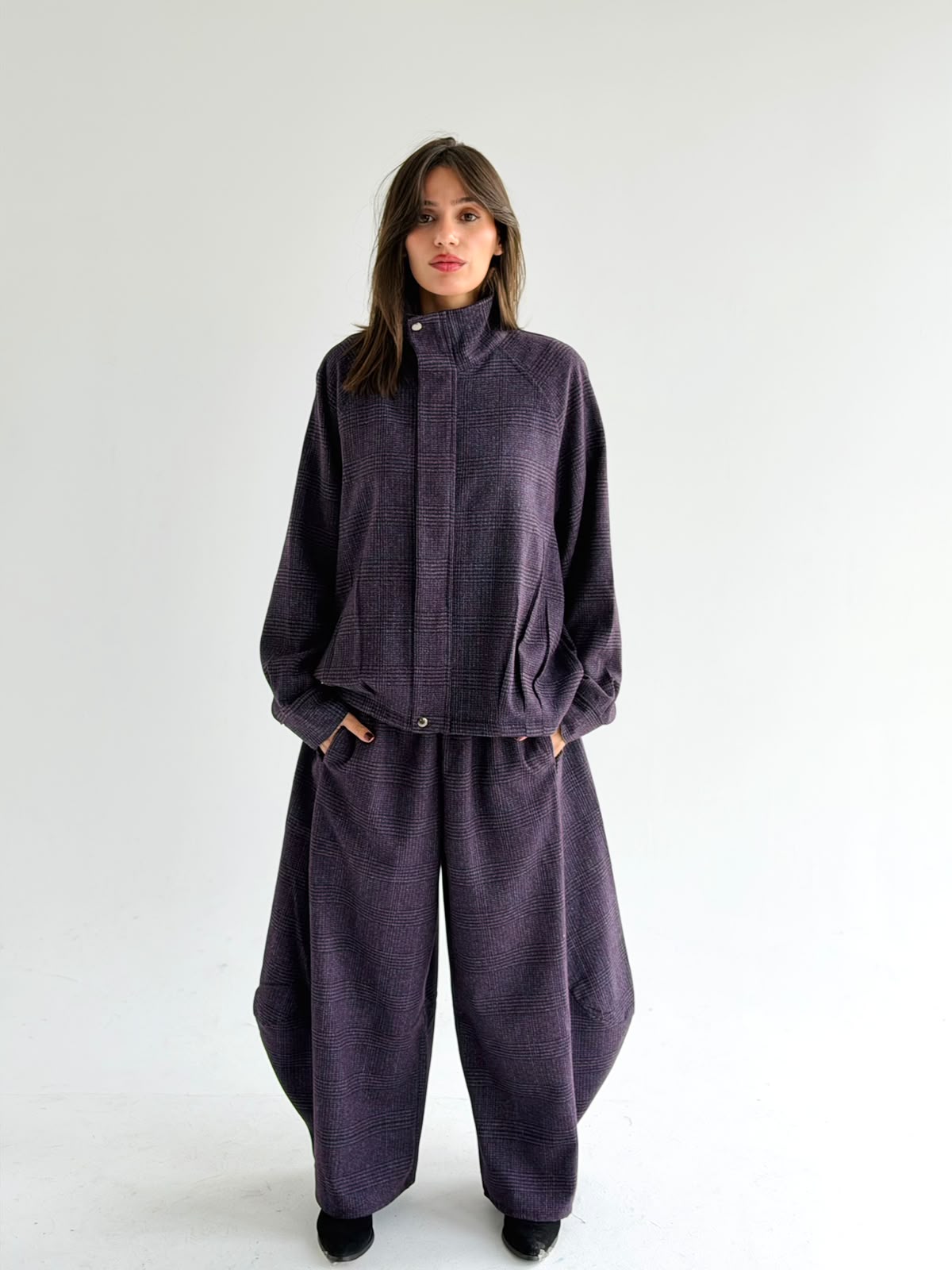 High collar check oversized jacket In Purple
