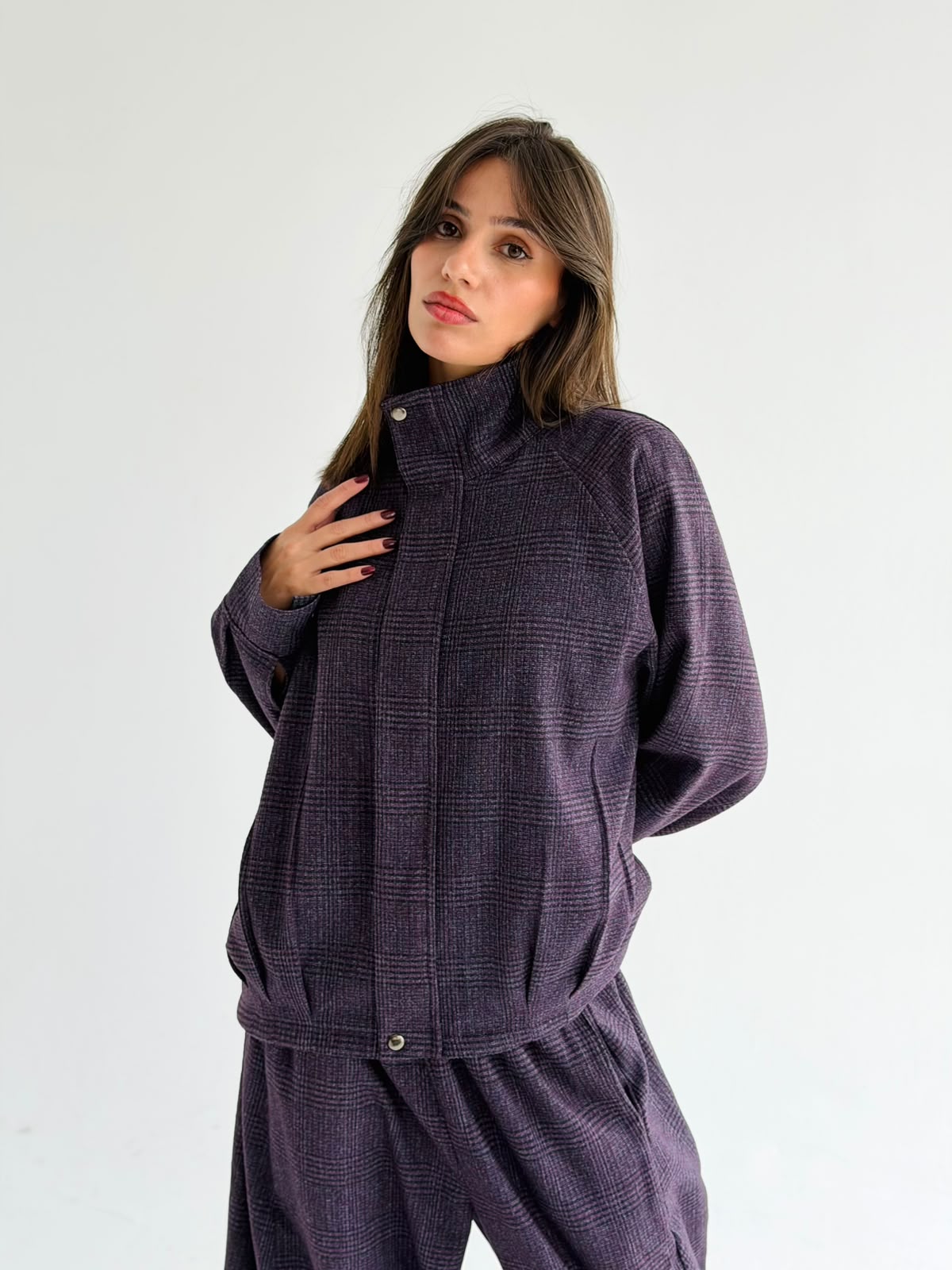 High collar check oversized jacket In Purple