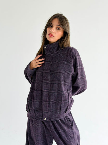High collar check oversized jacket In Purple